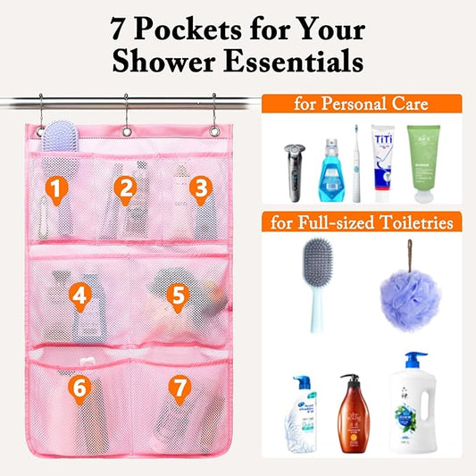 Mesh Shower Caddy Hanging, Quick-Drying Shower Organizer with 7 Pockets, Portable Bathroom Organizers and Storage for Shampoo, Soap, Loofah, Travel, and Cruise Essentials