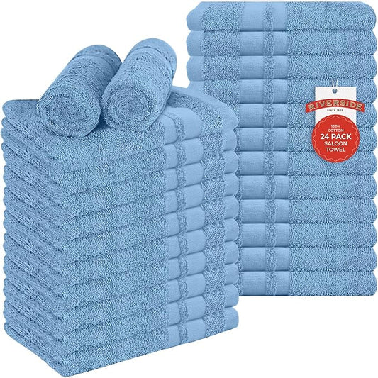 RIVERSIDE Pack of 24 Salon Towels Set – 16 x 26 Inches, 100% Ring Spun Cotton Highly Absorbent and Quick Dry Towels for Salon, Hand, Barber, Gym, Home & Hair Care, Blue