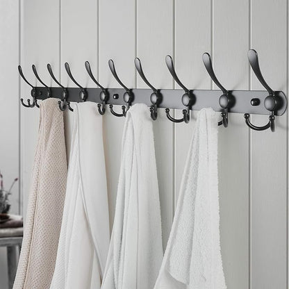 Dseap Coat Rack Wall Mount - 38” Long 10-Tri-Hooks Heavy Duty Coat Hanger Rail Wall Hooks for Hanging Coats Hats Clothing Clothes Purse Mudroom Entryway, Black