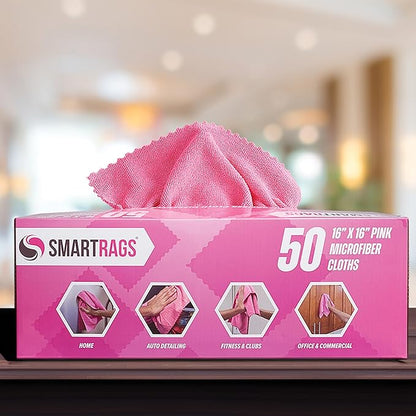 Arkwright Smart Rags in Box - (Pack of 50) Lint Free, Large Microfiber Cleaning Cloth, Scratch & Streak-Free, Dispensable Wash Towels for Cars, Kitchen, and Window Glass, Pink