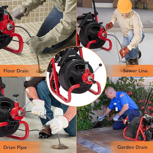 Heavy Duty Electric Drain Cleaner Machine, 100 Ft x 3/8 Inch Sewer Snake, 370w Auto-Feed, 6 Interchangeable Cutters, Gloves, Portable Pipe Cleaning Tool for 2-4 Inch Pipes