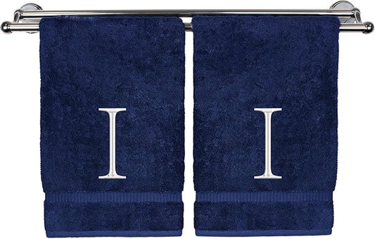 Monogrammed Hand Towel, Personalized Initial Gift, Extra Absorbent 100% Turkish Cotton - Soft Terry Finish - Set of 2 - White Block Initial I - Embroidered on Navy Blue Towels