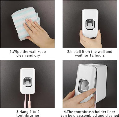 2 Slot Toothbrush Holder and Toothpaste Dispenser Wall Mounted, Automatic Toothpaste Squeezer, 2 in 1 Tooth Brush Toothpaste Organizer for Shower (White 2Pack)