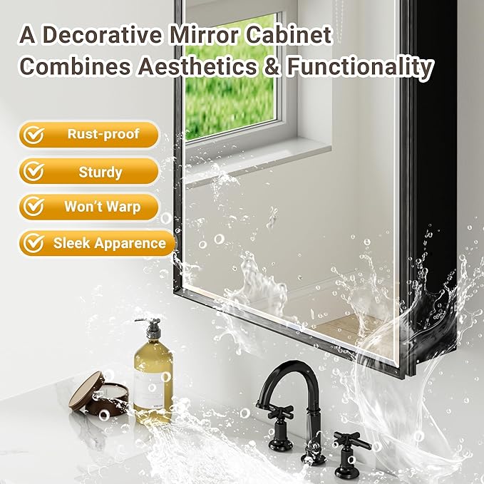 48x30 Black Medicine Cabinet with Mirror, Surface or Recessed Pre-Assembled Medicine Cabinet Mirror for Bathroom, Aluminum Beveled Frame Bathroom Vanity Mirror with Adjustable Shelves Storage