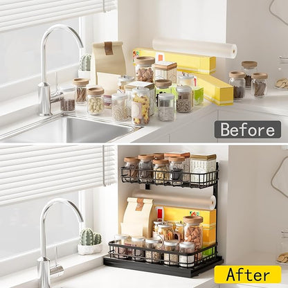 Under Sink Organizer, Adjustable Height Pull-Out Kitchen Storage Organization,15.8" x 11.8" x 16.5", 2-Tier Kitchen Shelf, Bathroom Drawer Organizer, 2 Pack|Black