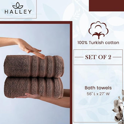 HALLEY Turkish 2 Pack Premium Bath Towels (2 Pieces) 650 GSM Highly Absorbent Super Soft 100% Cotton - 2 Bath Towels (Brown)