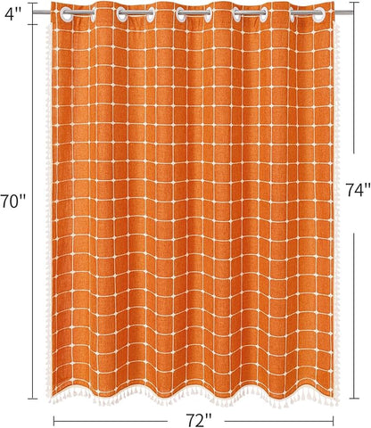 MitoVilla No Hooks Needed Orange Boho Shower Curtain with Snap-in Liner, Farmhouse Cotton Linen Fabric Shower Curtains with Tassels for Rustic Neutral Bathroom Decor, Burnt Orange, 72 x 74