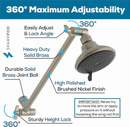 SparkPod 11" Solid Brass Shower Head Extension Arm - Flexible Height & Angle Adjustable Shower Arm Extension for Rain Showerheads with Sturdy Lock - Universal Pipe Connection (Elegant Brushed Nickel)