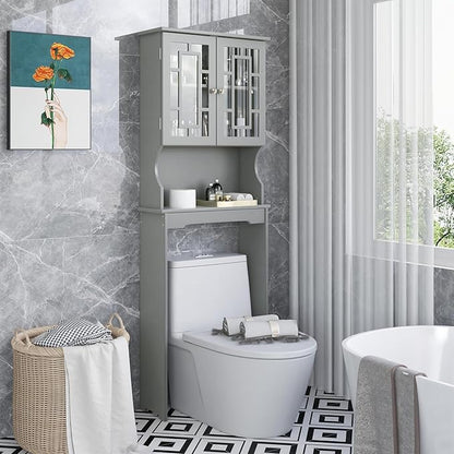 COSTWAY Over The Toilet Storage Cabinet, Bathroom Shelf Over Toilet, Double Door Bathroom Storage Cabinet Organizer with Adjustable Shelf, Open Shelf (Grey)