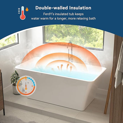 FerdY Sentosa 59" Acrylic Freestanding Bathtub, Contemporary Design Soaking Tub with Brushed Nickel Drain and Minimalist Linear Design Overflow, Easy to Install, 02560