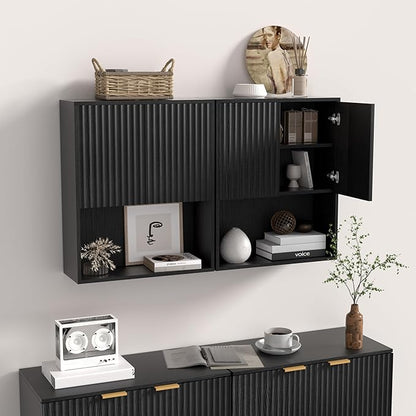 Fluted Bathroom Wall Cabinet Over The Toilet Storage,Wall Mounted Cabinet with Adjustable Shelf,Floating Cabinet Organizer Hanging Cabinet,Kitchen and Laundry Room Cabinets (Black-2 PCS)