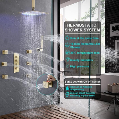 Enga Brushed Gold Shower Jets System, 16 Inch LED Rainfall Shower Faucet Set Body Spray with On-off Switch, Thermostatic Shower System Work At the Same Time