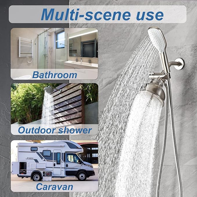 3 Way Shower Diverter Valve with Hand Shower Holder, G1/2 Shower Head Splitter, Shower Arm Diverter, Bathroom Universal Shower System Replacement Part (Brushed)