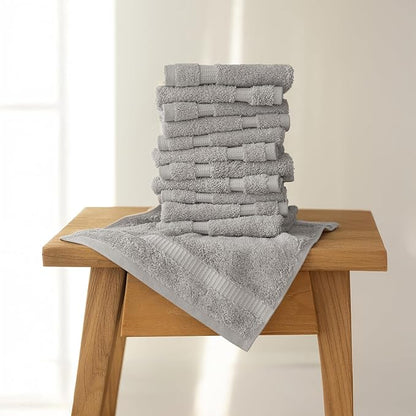 SALBAKOS 100% Turkish Cotton Washcloth Set of 12 13x13 inch | Heirloom Quality | Hotel & Spa Collection | Ultra Soft, Super Absorbent, Wash Cloth Towels | Made in Turkey (Silver 12 Pcs Washcloth)