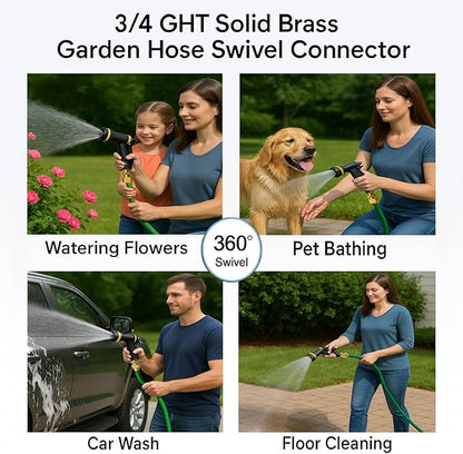 2 Pack Garden Hose Swivel Connector, 3/4" GHT Brass Swivel Hose Connector, 360° Male to Female Hose Adapter, Anti-Kink Garden Hose Fittings, No-Leak Design with Washer and PTFE Tape