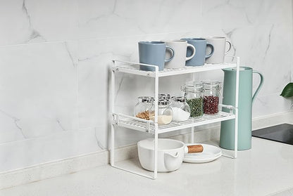 2Pack Kitchen Cabinet Shelf Counter Organizer Rack Pantry Storage Bathroom Bedroom Office Table Desk Space Saving Stackable Rust Resistant Non Slip White Wide L16.1in W10.6in H7.3in