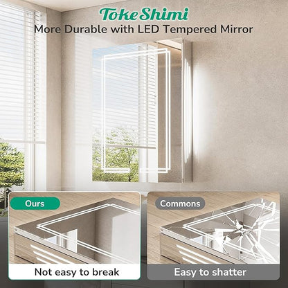 TokeShimi 24 x 32 Bathroom Mirror Medicine Cabinet with Light 3 Colors, Anti-Fog Tempered LED Mirror with Storage, Stepless Dimming CRI 80+, Memory Funtion, Wall Mirrored Cabinet for Bathroom Décor