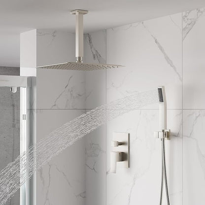 WELLFOR 12-In Ceiling Mount Shower System with Single Handle, Pressure-balanced Valve Included, Waterfall Dual Head Shower Head System, Rain Shower System, Shower Faucet Trim Kits, Brushed Nickel