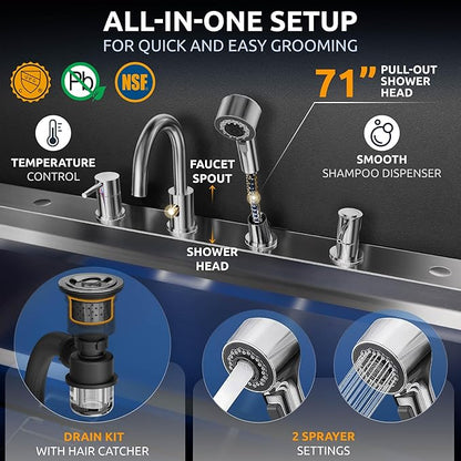 KANIS Black Line Professional Dog Washing Station - 304 Stainless Steel Pet Wash Sink & Grooming Bathtub w/Shower, Floor Grates and Storage for Large, Medium & Small Pets (40", 1 Drawer - Right Ramp)