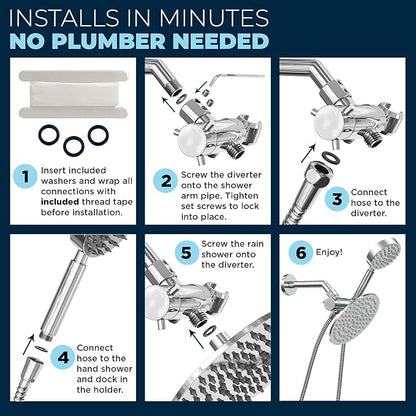 HammerHead Showers® Solid Metal Dual Shower Head Combo – CHROME – 8 Inch Rainfall High Flow Shower Head & Handheld Shower Head High Pressure with Hose 6ft - Hotel-Like Double Shower Heads