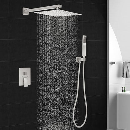 Brushed Nickel Square Shower Head with Handheld Set, Rainfall Shower System Modern Wall Mounted Shower Faucet for Bathroom 10 inch (With Shower Valve)