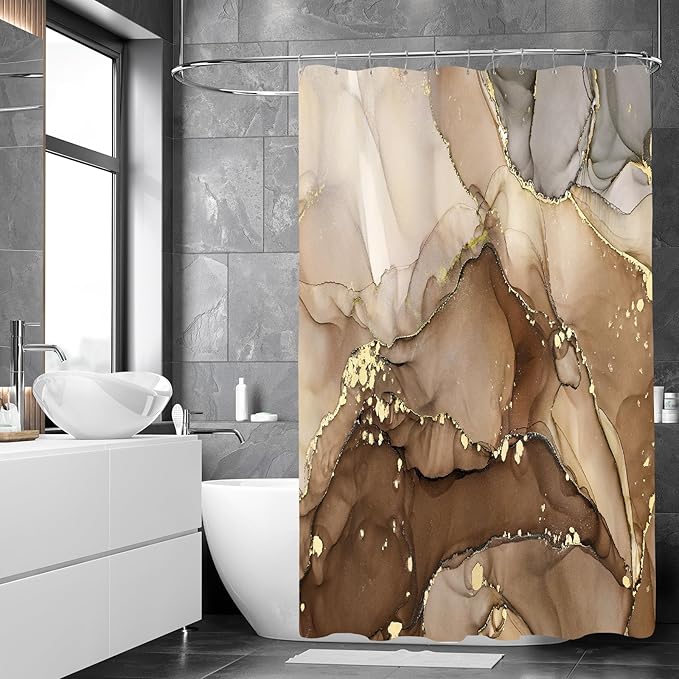 Long Shower Curtain 72 x 78 Inch, Tall Abstract Marble Shower Curtains for Bathroom Decor, Modern Luxury Art Decor Ink Texture Fabric Shower Curtain Set with Hooks, Brown