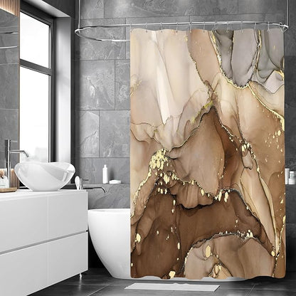 Brown Marble Shower Curtain, Modern Abstract Fabric Shower Curtains for Bathroom, Luxury Art Ink Texture Watercolor Shower Curtain Set with Hooks 72x72