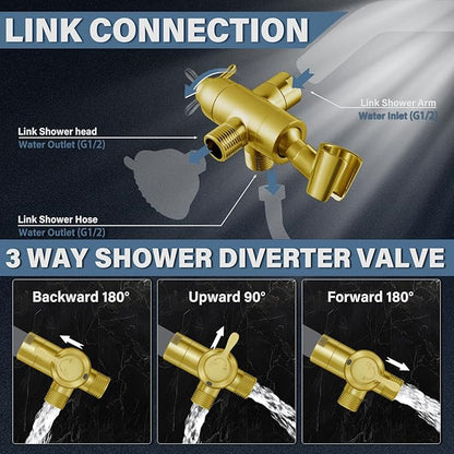 Metal Shower Arm Diverter with Handheld Mount, G1/2" 3-Way Shower Diverter Valve Bathroom Universal Showering System Replacement for Handheld Wand and Fixed Sprayer, Brushed Gold