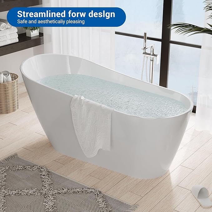 67" Acrylic Freestanding Bathtub, Modern Deep Soaking Tub, cUPC Certified Free Standing Tub, Chrome Drain/Overflow, White Acrylic, Allure White