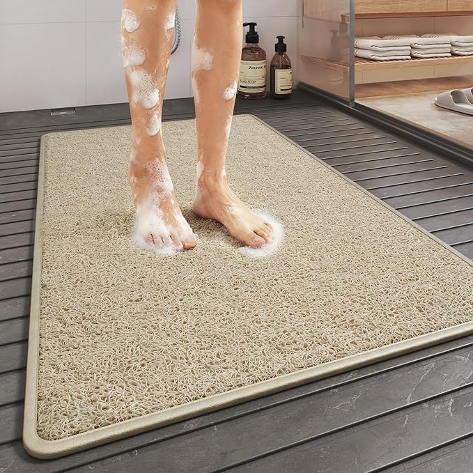 Non Slip Shower Mat Bathtub Mat 20x32 Inch, Quick Dry Bath Mat with Drain, Soft PVC Imitation Loofah Foot Scrubber Bath Mats for Bathroom Tub Shower Floor, Hangable & Hook Included, Beige