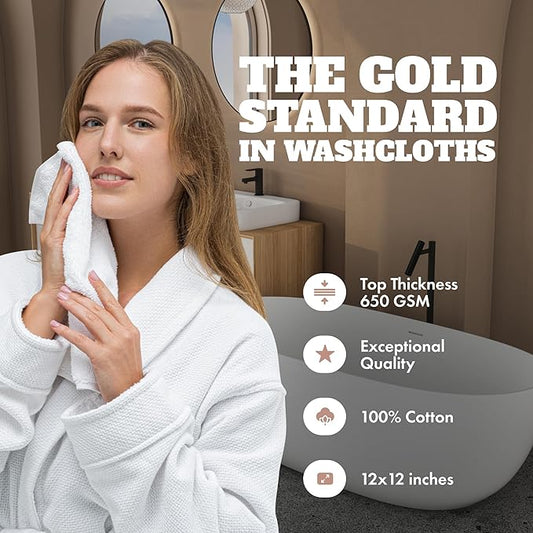 Wealuxe White Washcloths 24 Pack - 600 GSM 100% Ring-Spun Cotton Wash Cloths for Showering, Highly Absorbent and Soft | 12x12 Inches