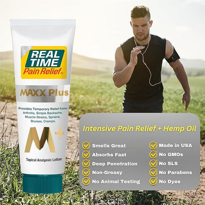 Real Time Pain Relief MAXX Plus - 4oz Tube | Intensive Formula with 19 Natural Ingredients Including Hemp Oil | Fast-Acting Relief for Muscle Pain, Arthritis, Backaches, and More