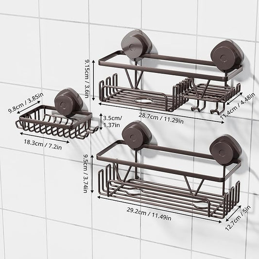 KEGII Suction Cup Shower Caddy – 3 Pack Suction Cup Shelf with Soap Holder & Hooks, Rustproof Stainless Steel Shower Organizer, Removable No Drilling Bathroom Storage Rack, Bronze