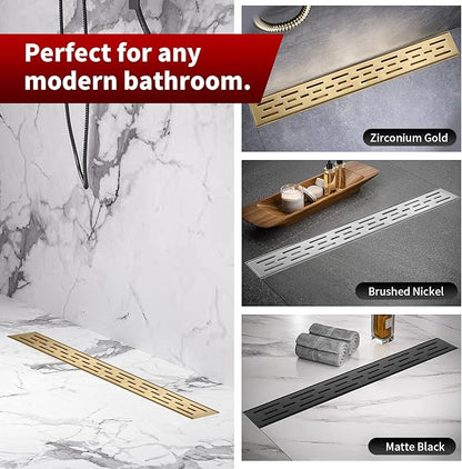 Sharp-tec Linear Shower Drain, 28inch Shower Drain with Removable Pattern Cover, Brushed Gold 304 Stainless Steel Rectangle Floor Drain, Adjustable Feet and Hair Strainer Included (Model 101)