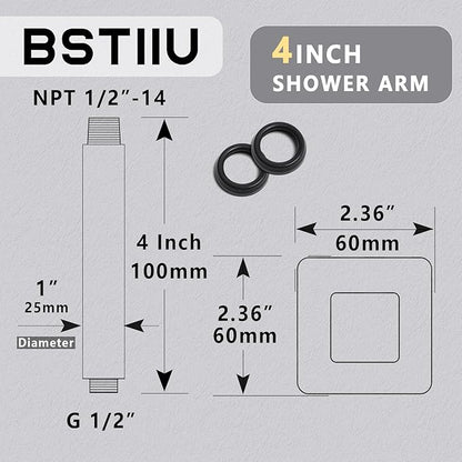 4 Inch Shower Arm with Flange, BSTIIU Ceiling Mounted Square Shower Head Extension Arm, 1/2 NPT Straight Arm for Rain Shower Head, Shower Head Extension Replacement Pipe Arm, Brushed Nickel