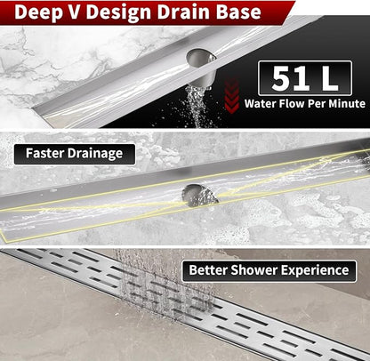 Sharp-tec Linear Shower Drain, 48 inch Shower Drain with Removable Pattern Cover, Brushed Nickel 304 Stainless Steel Rectangle Floor Drain, Adjustable Feet and Hair Strainer Included (Model 101)