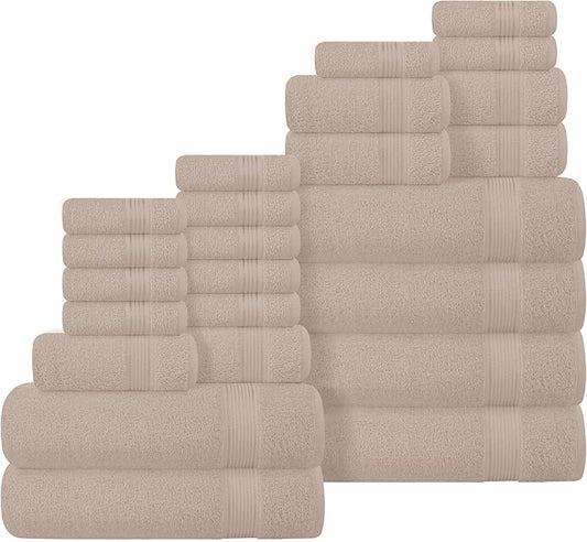 Belizzi Home 100% Cotton Towel Set, Contains 6 Soft Bath Towel, 6 Hand Towels, 12 Wash Cloths - Compact Absorbent Lightweight & Quickdry Towels for Bathroom - 24 Piece Bathroom Towel Set - Tan
