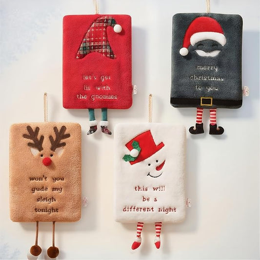 Cesqouc® 4pcs New Hand Towels with Hangable Linen and Christmas Decorative Feet with Christmas Patterns:Santa Claus,Witch Hat,Snowman,Elk for Bathroom/Kitchen/Living Room