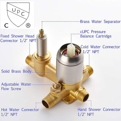 SHAMANDA Bathroom Rain Shower System, 12 Inch Luxuly Shower Head and Handheld Shower Faucet Combo Set Brushed Nickel(Including Rough-In Valve Body and Trim), Wall Mount, L7001-2