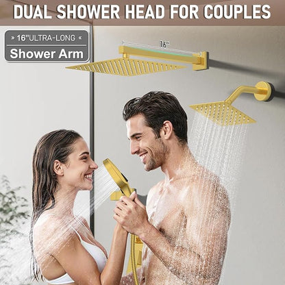 Shower Faucet Set Brushed Gold Shower System, Push Button Diverter 3-Way Shower Valve Kit, Wall Mount 12 Inch Overhead Shower Head with 6 Inch Side Spray Shower Head, 4 Modes Flow Handheld Shower