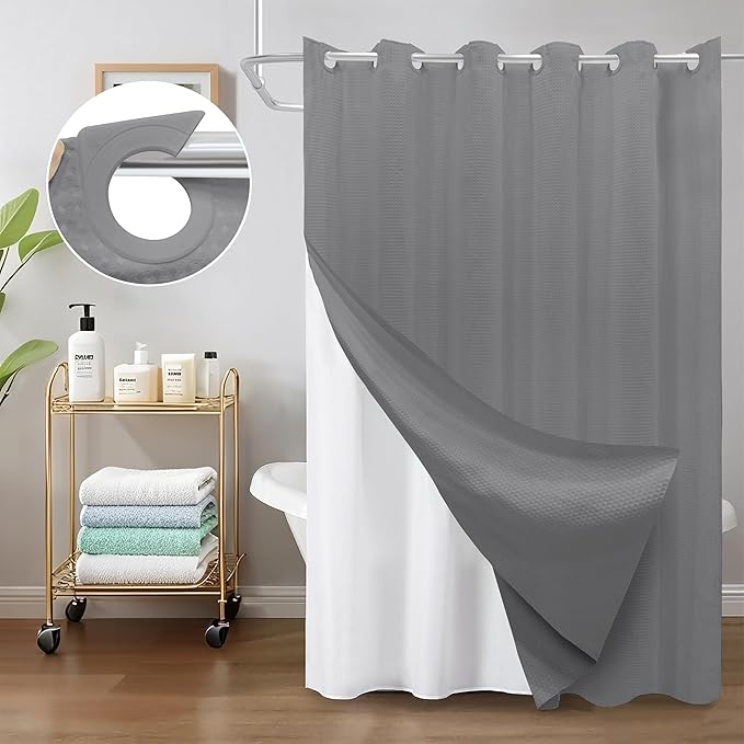 Inhousolu No Hook Waffle Weave Shower Curtain with Removable Snap in Fabric Liner Set for Bathroom, 230 GSM Heavy Duty Weighted Hem, Water Repellent Washable Bath Curtains, 36 x 72 Inch, Grey