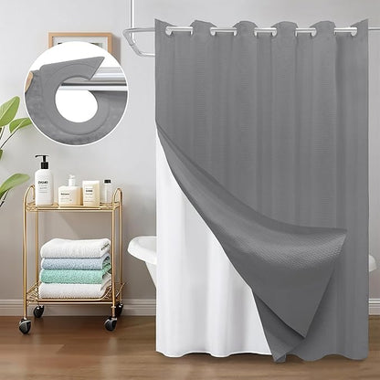 Inhousolu No Hook Waffle Weave Shower Curtain with Removable Snap in Fabric Liner Set for Bathroom, 230 GSM Heavy Duty Weighted Hem, Water Repellent Washable Bath Curtains, 36 x 72 Inch, Grey