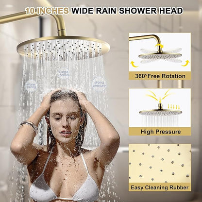 Brushed Gold Exposed Shower System with 2 Modes HandHeld,3 Functions Tub Shower Faucet Sets with Brass Valve, Shower Fixture with 10 Inches Rainfull Shower Head,Shower Height Adjustable