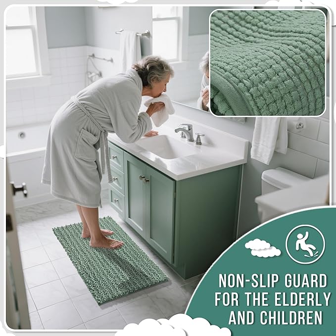 Yimobra Bathroom Rugs Sets 2 Piece - Quick Dry Extra Thick Luxury Chenille Bath Mat, Non Slip Super Absorbent for Tub Shower Sink, Machine Washable Shaggy Floor Mat, 24"x17+24"x20" Inch, Green