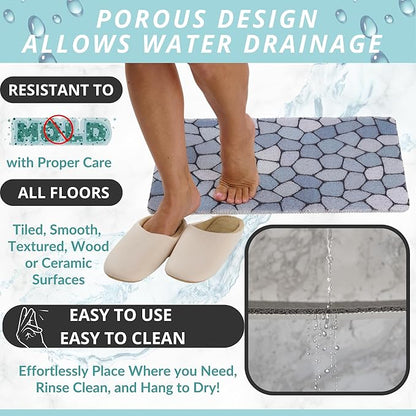 ENKOSI Loofah Non-Slip Shower and Bath Mat - Soft Cushioned Comfort - No Suction Cups for Smooth or Textured Tubs - Fast Draining - Safety for Bathroom, Family, Kids, and Elderly (24x16 Pebble Blue)