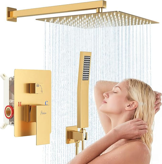 16 Inch Luxury Rain Shower Faucet Set, Brushed Gold Shower System with Rainfall Shower Head and Handheld Spray, SUS304 Stainless Steel and Solid Brass Wall Mounted Shower Valve Trim Kit