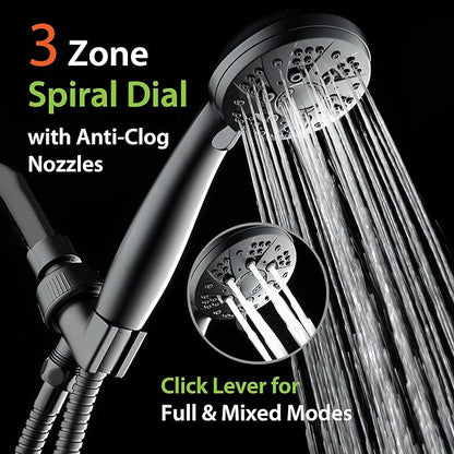 AquaDance High Pressure 6-Setting Matte Black Handheld Shower Head with Stainless Steel Hose. Officially Independently Tested to Meet Strict US Quality & Performance Standards!