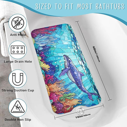 EAN Animals Bathtub Mat Non Slip, Sea Baby Bath Mat for Tub Rubber Tub Mat, Cute Toddler Kids Bath Mats for Bathroom Whale Anti Slip Shower Mat with Suction and Drain Holes Machine Washable, 40″x16″
