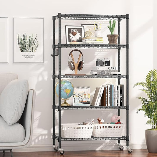 Himimi 5-Tier Storage Shelf Wire Shelving Unit on Wheels Heavy Duty Metal Shelves Adjustable Steel Rack Organization for Kitchen Garage Basement, Black