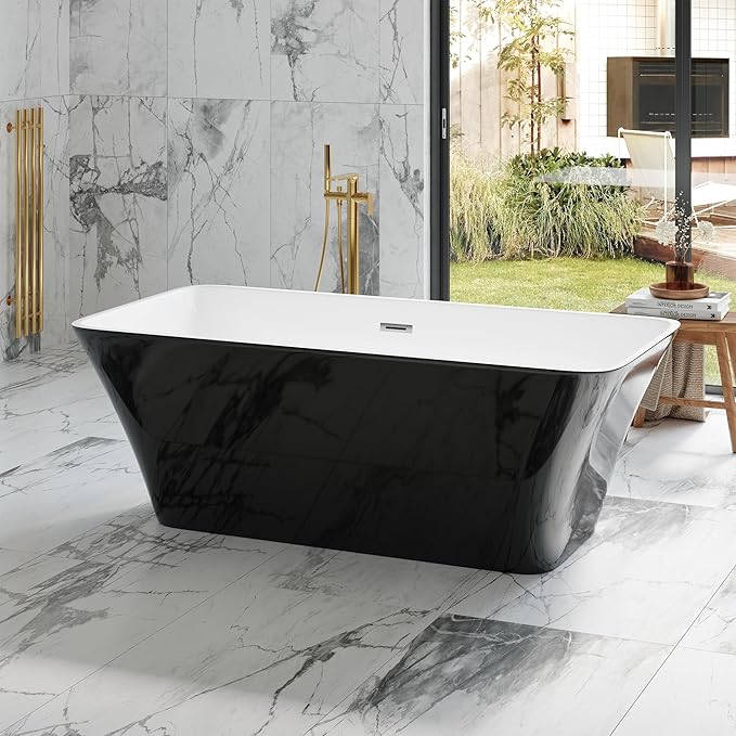 67" Acrylic Freestanding Bathtub - Glossy Black Rectangle Soaking Tub with Chrome Overflow & Drain Kit, CUPC Certified